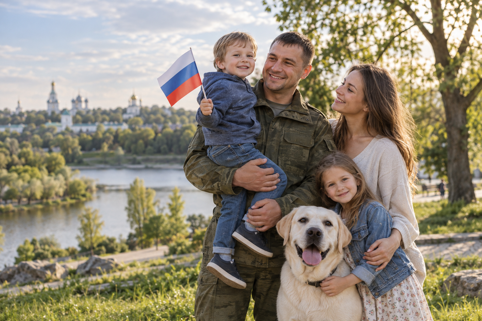 Военнослужащий держит ребёнка с флагом России, рядом супруга, второй ребёнок и белый лабрадор